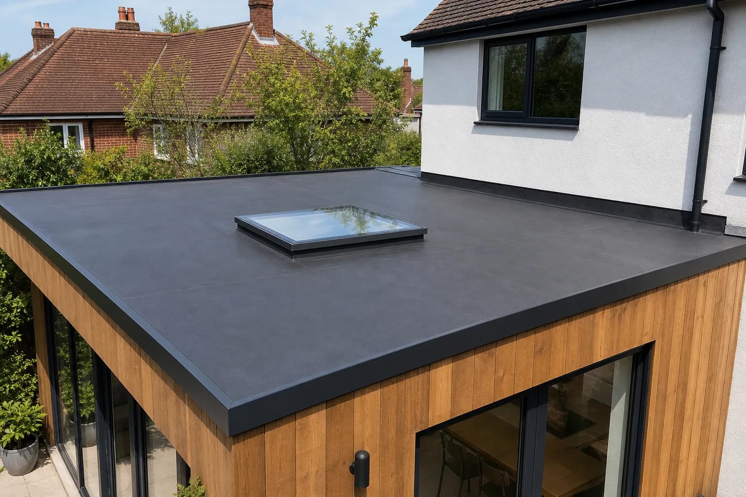 Newly installed black EPDM rubber flat roof on a house extension with a skylight
