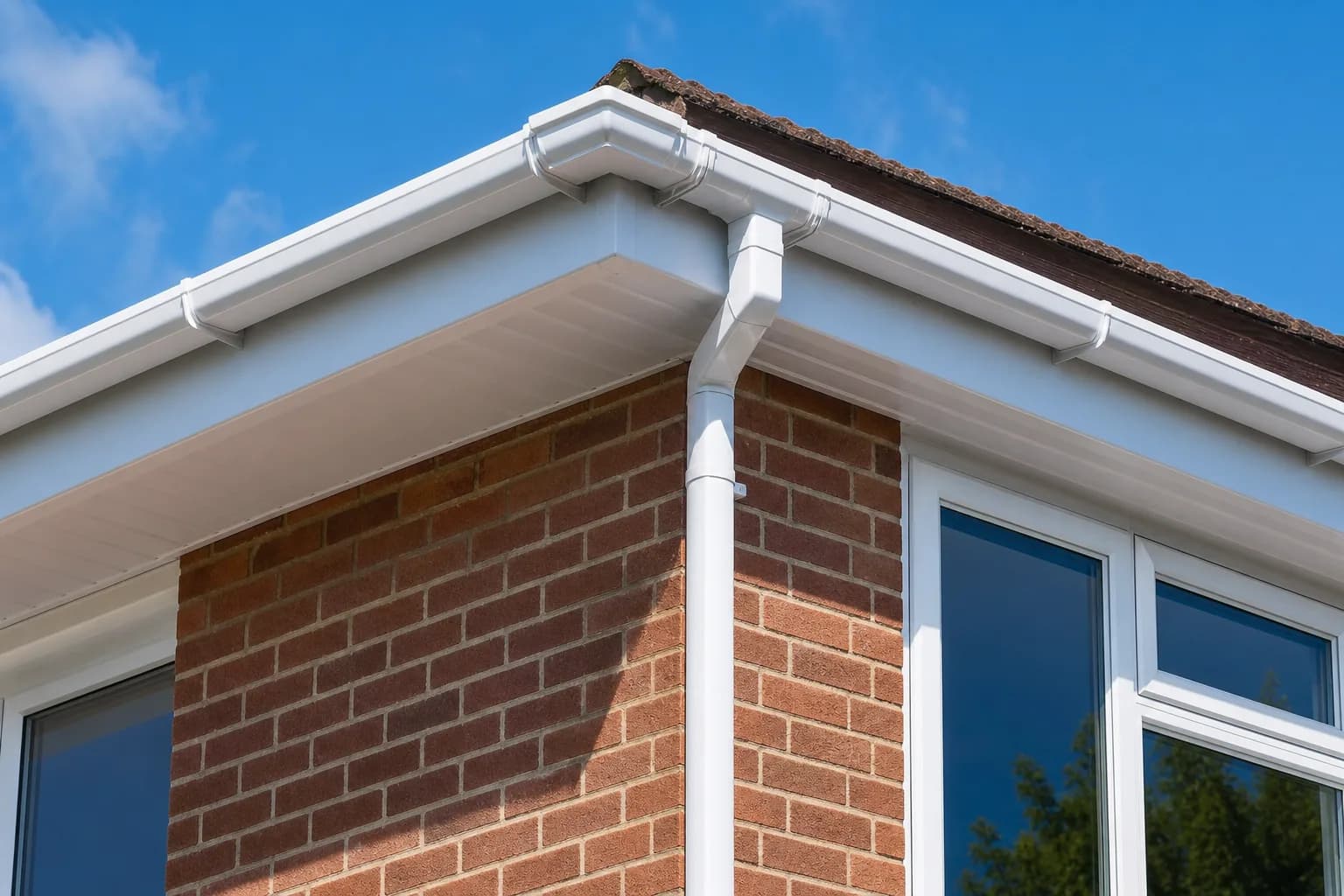 New white uPVC guttering, fascias and soffits along the eaves of a UK house
